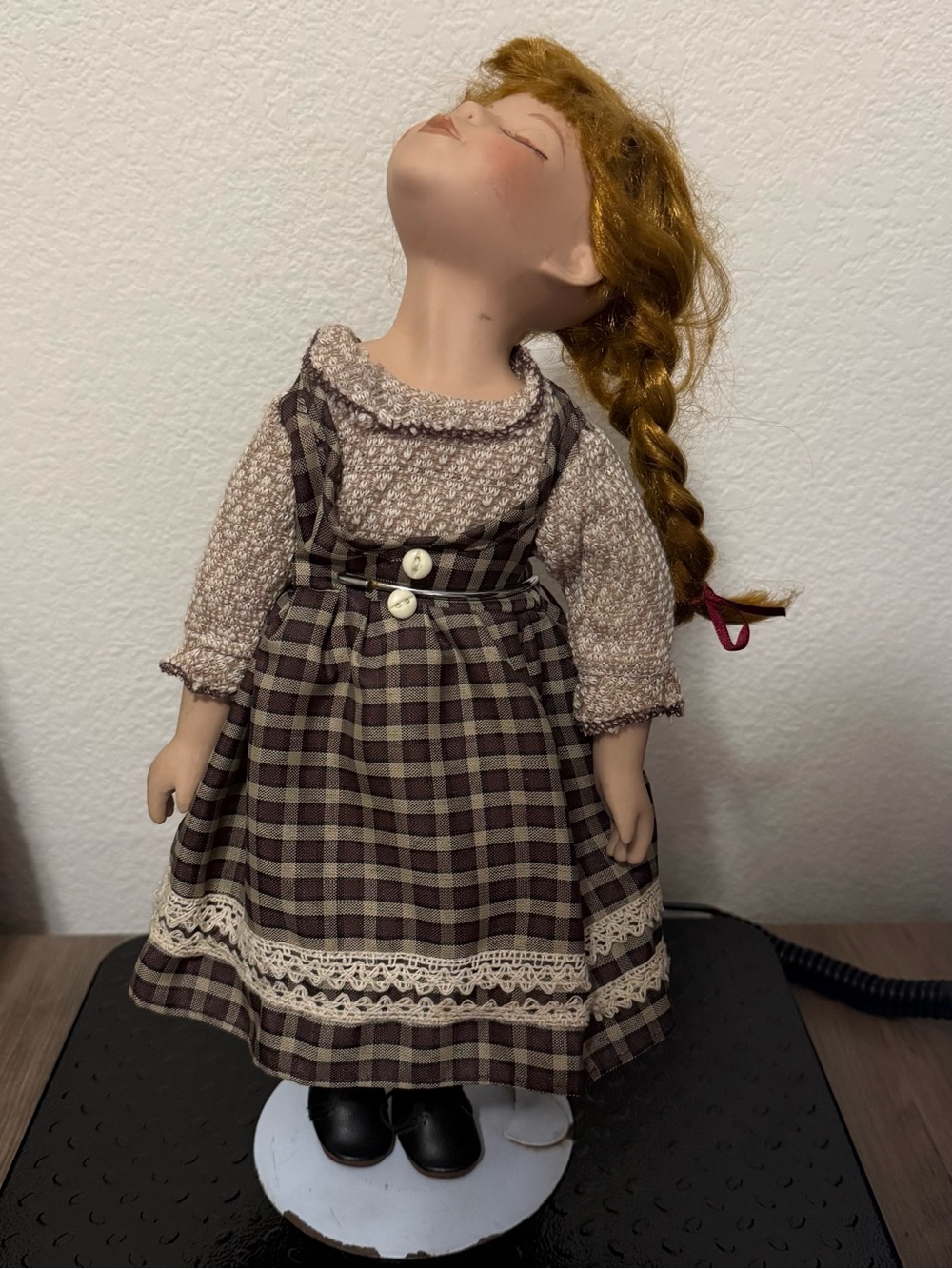 Vintage Porcelain Doll Brown Gingham Dress Red Braided Hair Wondering Innocence